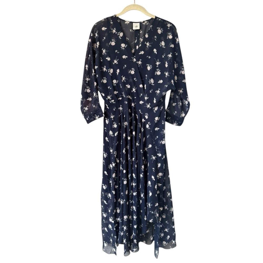Cabi Pemberley Navy Floral Midi Dress Size 6 Long Sleeve Sheer Flowy